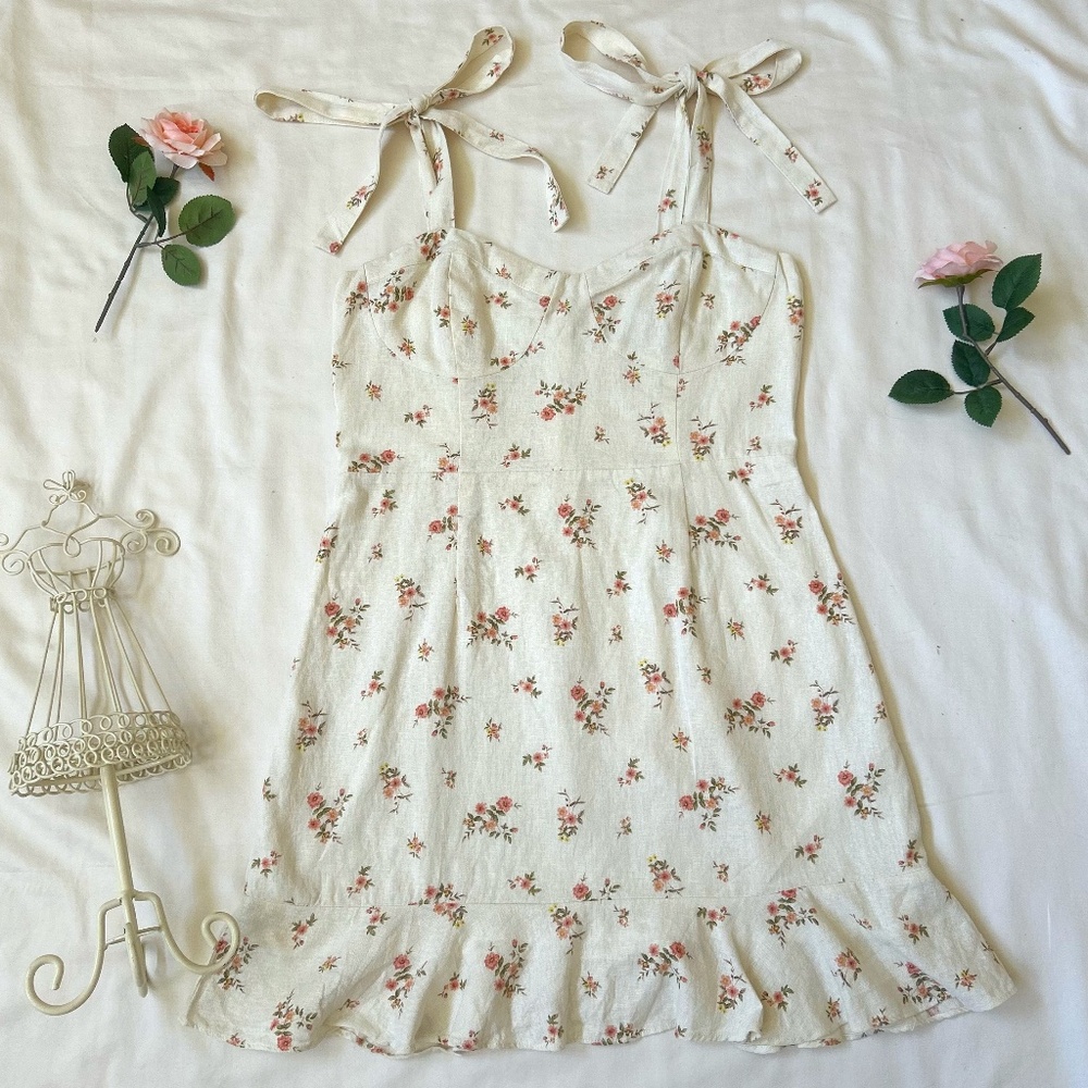 Floral Corset Style Linen Mini Dress - Size L